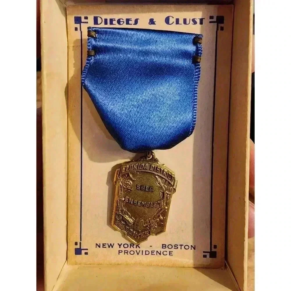 Vintage Florida District Band Contest Blue and Purple Ribbon Brass Medals - Picture 1 of 7